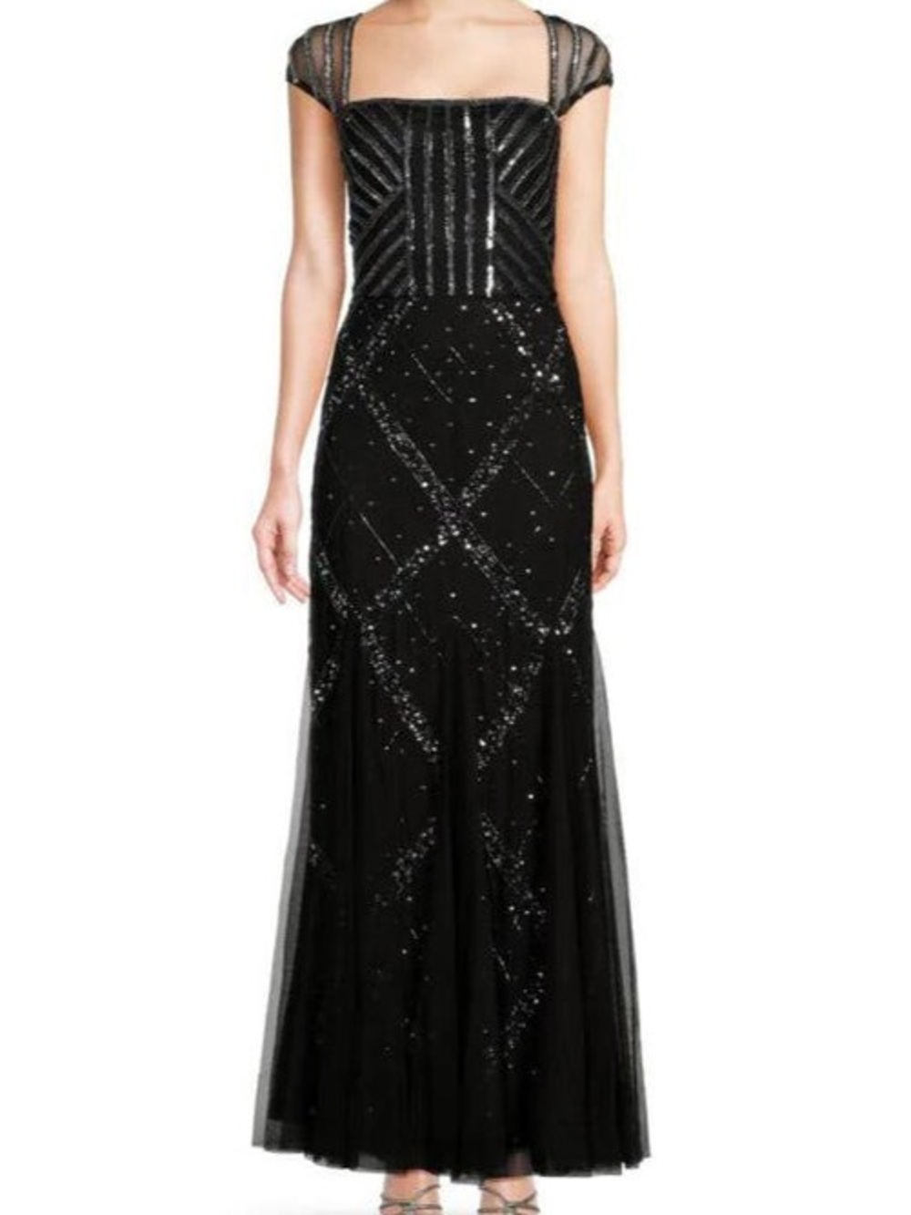 NWT Adrianna Papell Black Beaded Maxi Gown with Cap Sleeves